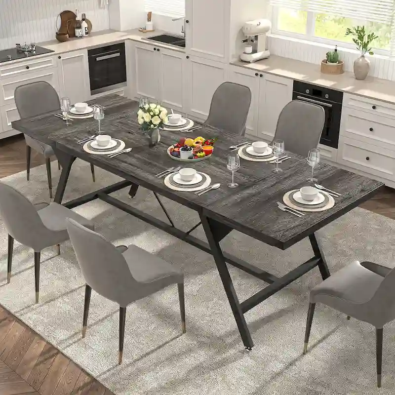 Farmhouse Dining Table for 8 People, 70.8-Inch Rectangular Wood Kitchen Table