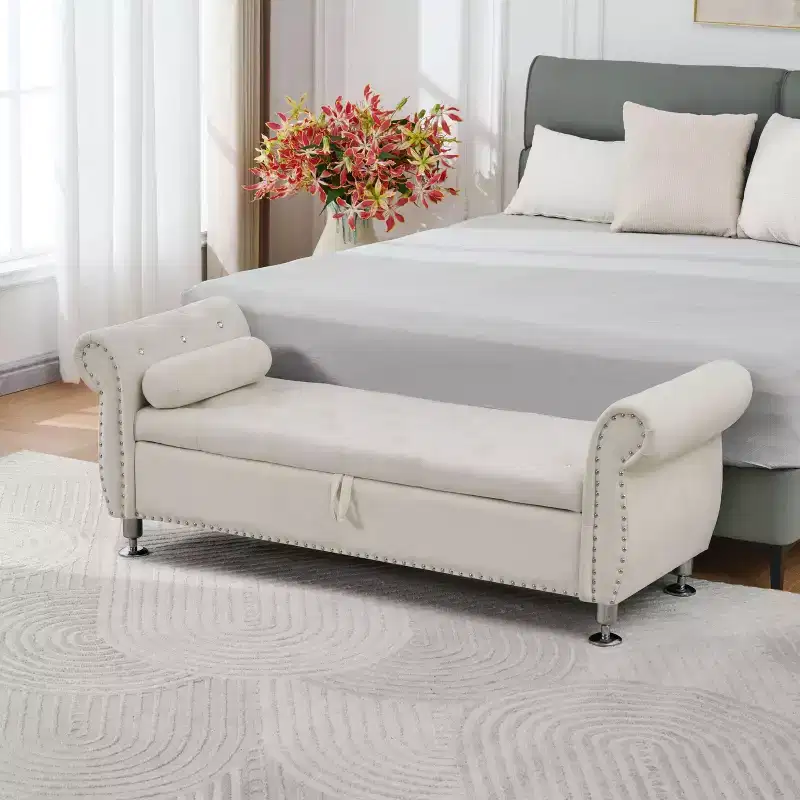 TUYOHW Modern Velvet Storage Bench with Crystal Button & 1 Pillow Upholstered End of Bed Bench with Metal Legs Bench for Living Room, Bedroom