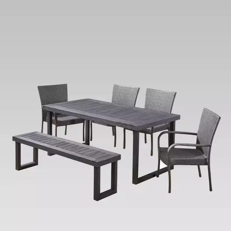 Nestor 6pc Wood and Wicker Chair and Bench Dining Set: Weather-Resistant, Galvanized Steel - Christopher Knight Home