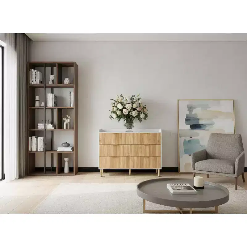 6-Drawer Dresser with Storage Rail, MDF Frame White & Natural Wood Finish, Gold Metal Legs