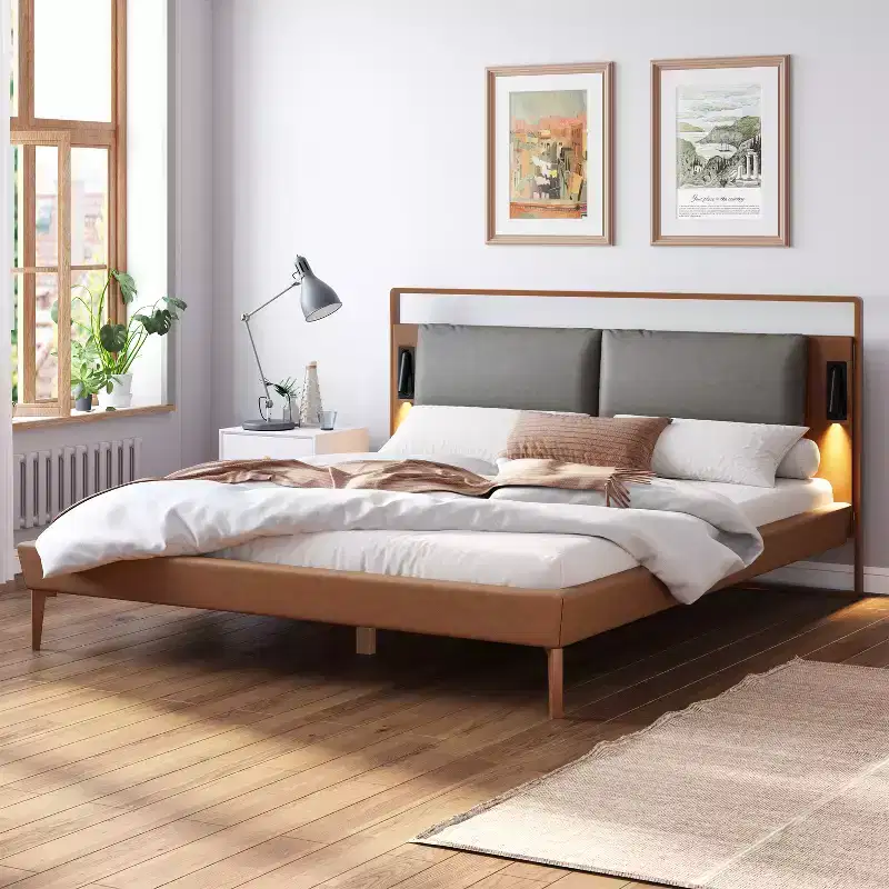 Full/Queen/King Size Wood Platform Bed Frame with PU Upholstered Headboard and 2 Night Lights, Brown+Gray -Christopher Knight Home