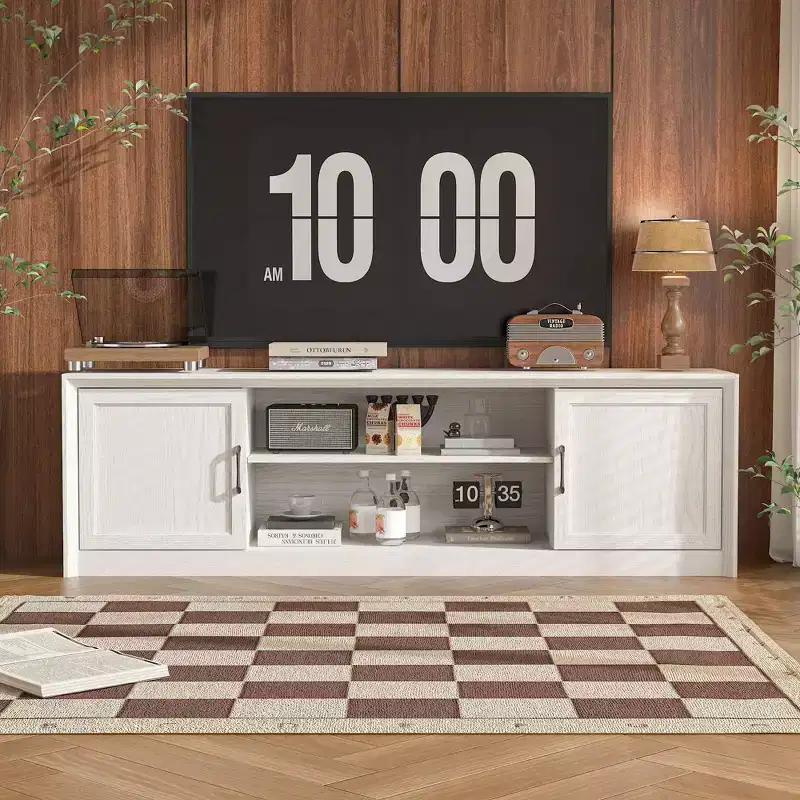 Minimalist White Wood-Grain TV Stand with Storage Cabinets, Media Console for Living Room