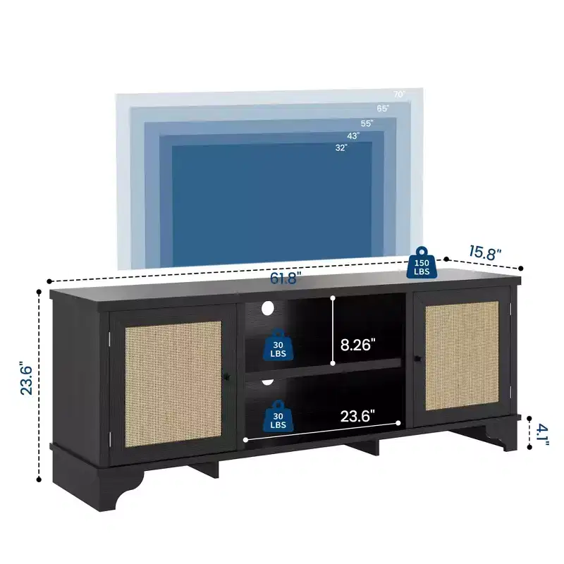 Rattan TV Stand with Cabinets and Open Shelves, Fits TVs Up to 70 Inches