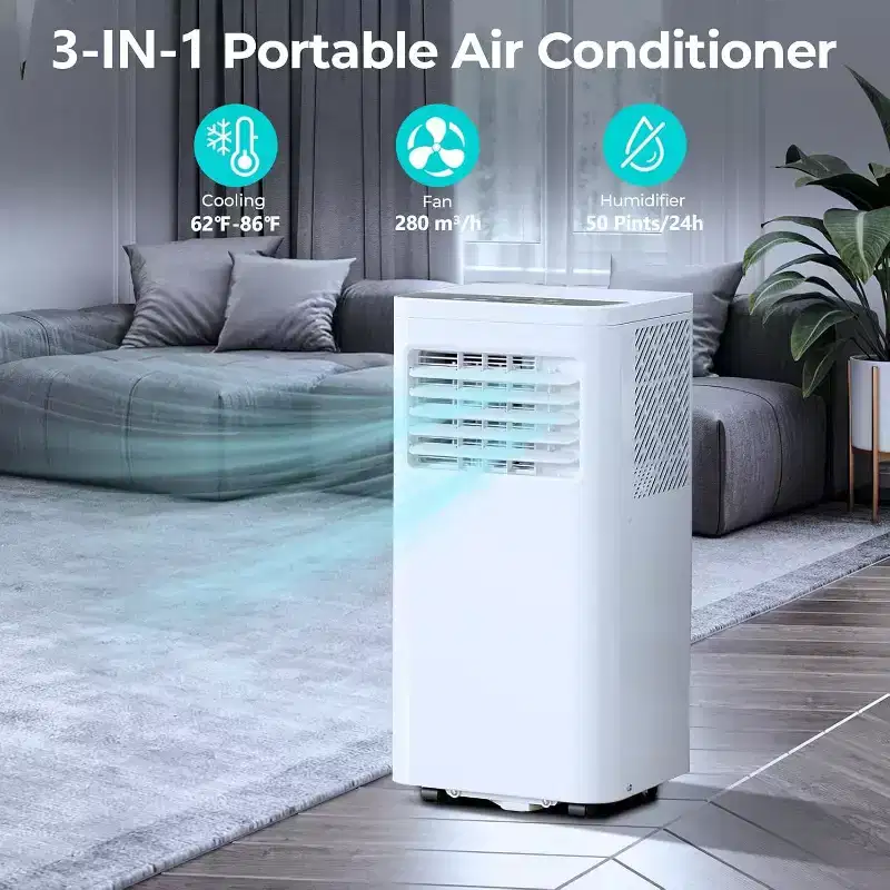 8,000 BTU Portable AC, 3-in-1 Unit with 4 Modes, Timer, LED Display, Remote & Install Kit, for Bedroom/Living Room/Office, White.