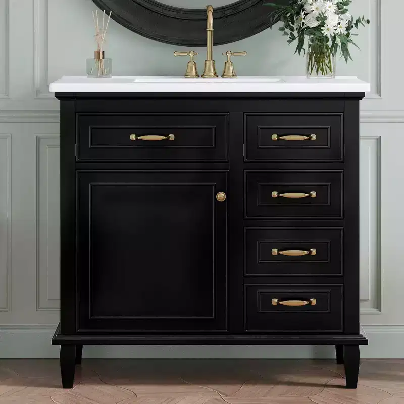 MAYEERTY 36 Bathroom Vanity Ceramic Sink Top Solid Wood MDF Poplar Cabinet Flip Drawers Adjustable Shelves Zinc Handles