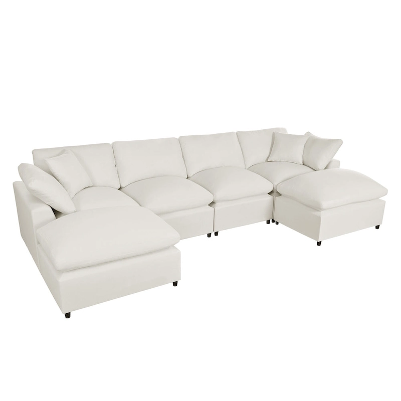 Beige 134.40 Modern U-Shaped 6 Seater Sectional Sofa with 2 Large Chaises, Removable Ottomans and Soft Cushions