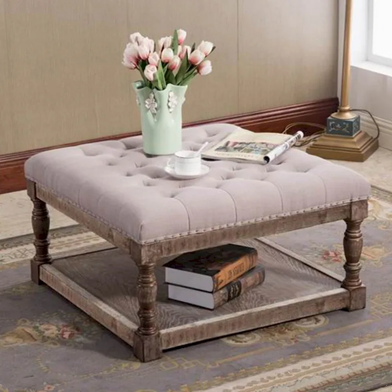 Button-Tufted Linen Ottoman with Lower Shelf – Light Gray / Blue / Dark Gray / Cream / Gray, 1-Person Use