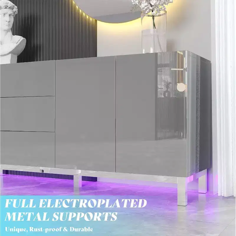 High Gloss Electroplated Sideboard Buffet with LED Lights, 63