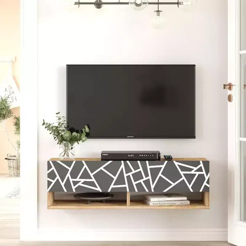 HomeStock Future TV Unit Pine-Anthracite UV Print 40 inches Floating Entertainment Center Console with Storage Shelves & Doors