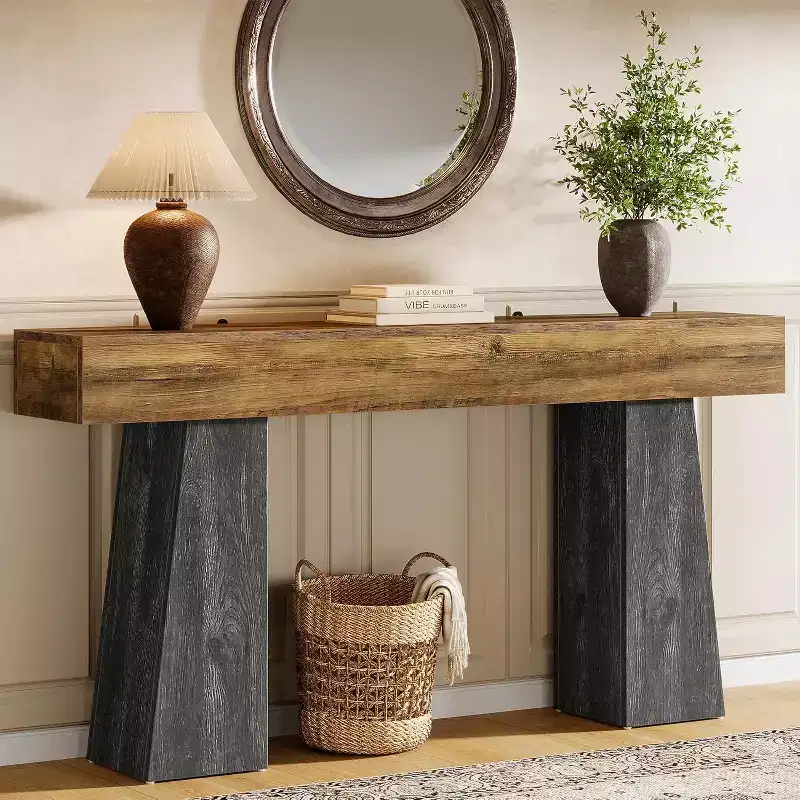 Lantine 63-Inch Farmhouse Entryway Table, Long Wooden Sofa Console Table with Double Trapezoid Bases for Living Room, Hallway, Entrance