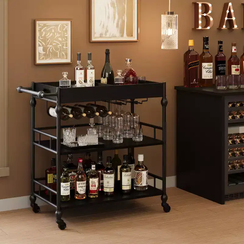 Bar Cart, Bar Carts for the Home, 3 Tier Serving Cart with Wheels, Metal Cart with Wine Rack & Removable Tray for Kitchen, Dining Room