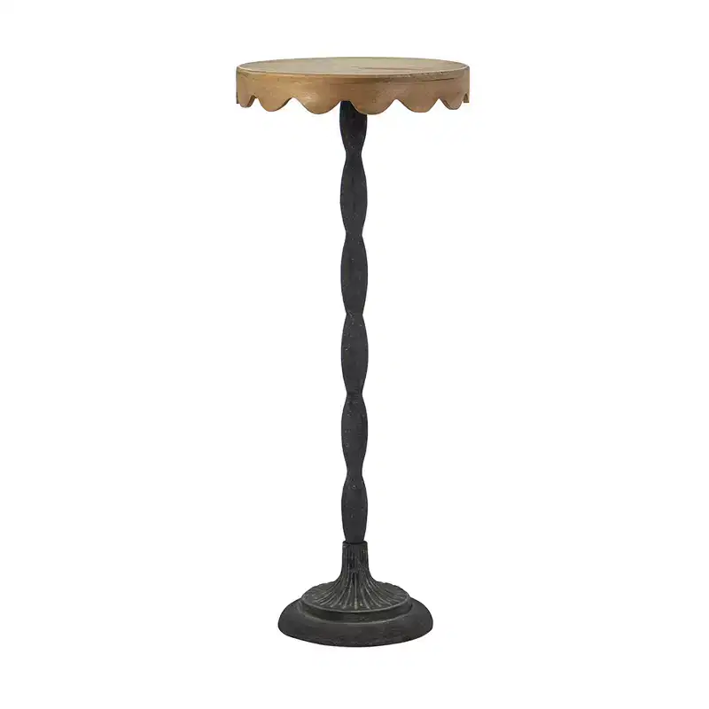 Black Iron Side Table with Scalloped Brown Wood Top D12x29.5