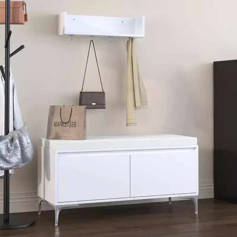 Storage Bench and Wall-Mounted Entryway Shelf with Hooks Set, Entryway Shoe Bench Shoe Cabinet Storage Chest with Cushion, White -