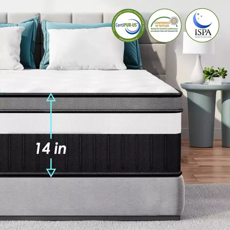 Queen Mattress in a Box - 14 inch Queen Size Mattress Gel-Infused Memory Foam & Pocket Coils, Medium-Firm, Cooling, CertiPUR-US Certified
