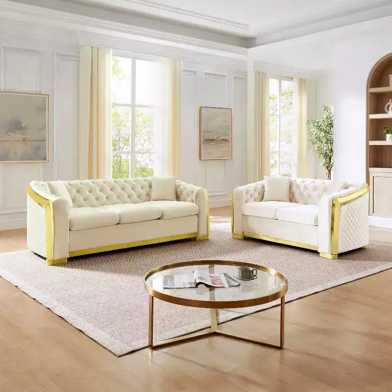 GDFStudio Tom 2 Piece Mid-Century Modern Chesterfield Velvet Upholstered 5-Seater Sofa Set with 4 Pillows