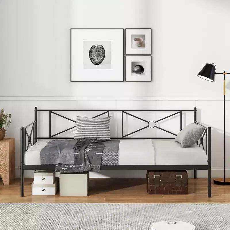 Twin Metal Daybed Frame with Slats, Classic Mattress Foundation Bed Sofa - White/Black