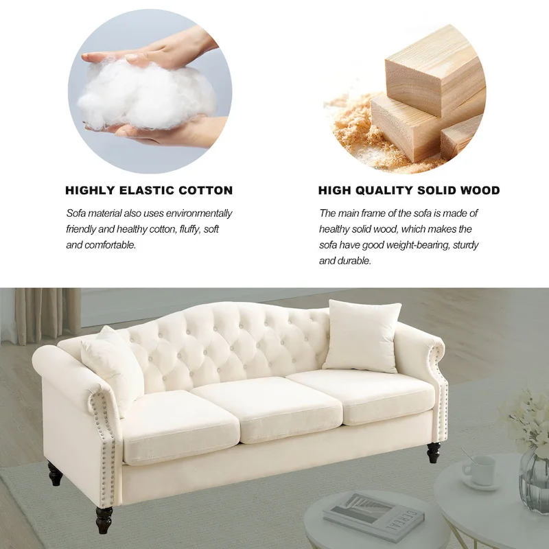 Chesterfield 3-Seater Upholstered Tufted Sofa with Rolled Arms and Nailhead