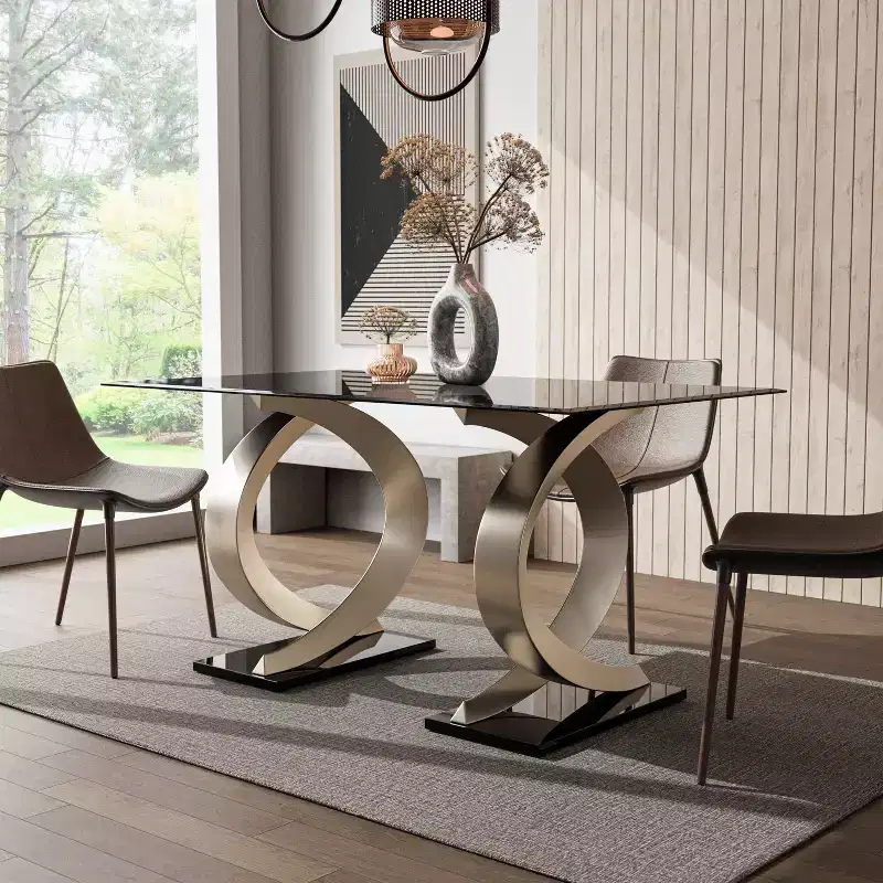 58 Gleneagles Modern Rectangle Glass Top Dining Table - HOMES: Inside + Out: Beveled Edge, Double Pedestal