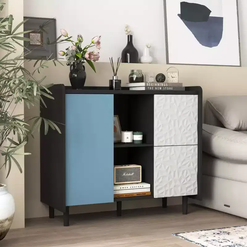 Black Sideboard with Red Doors - 2 Drawers, 2 Open Compartments, Modern Accent Cabinet