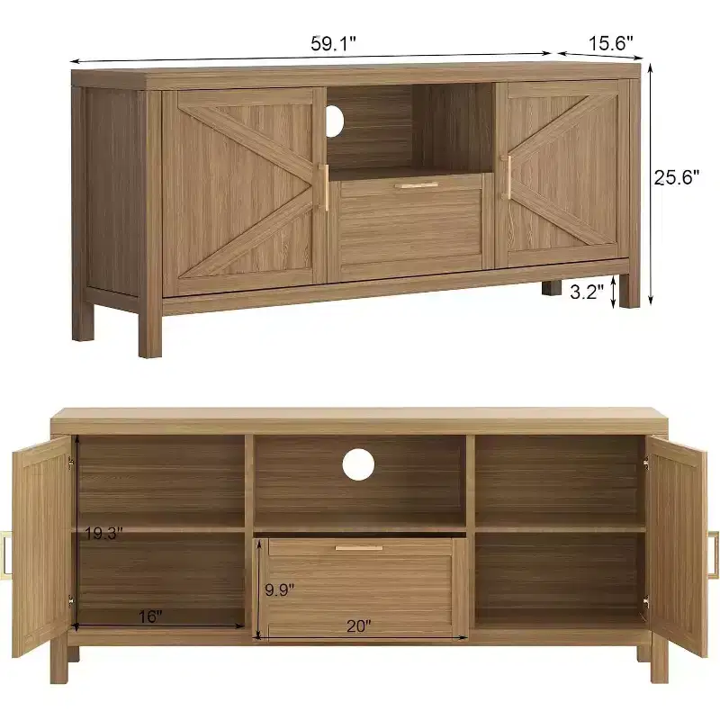 65 Inch Farmhouse TV Stand with Cabinet Door, Rustic Media Console with Adjustable Shelf & Storage for Living Room