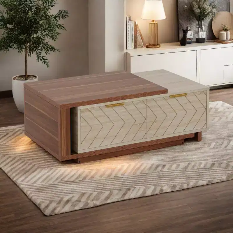 MAYEERTY V-Shaped Pattern Coffee Table Walnut Oak Veneers Brass Accents Modern Living Room Furnitures