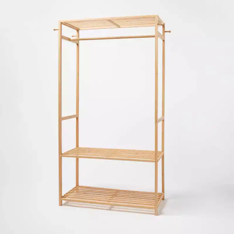 Bamboo clothing rack with shelves