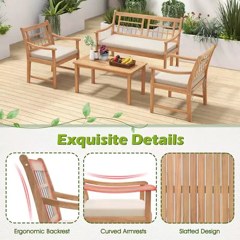 Costway 4 PCS Wood Patio Furniture Set with Soft Seat Cushions Solid Acacia Wood Frame Off White/Gray