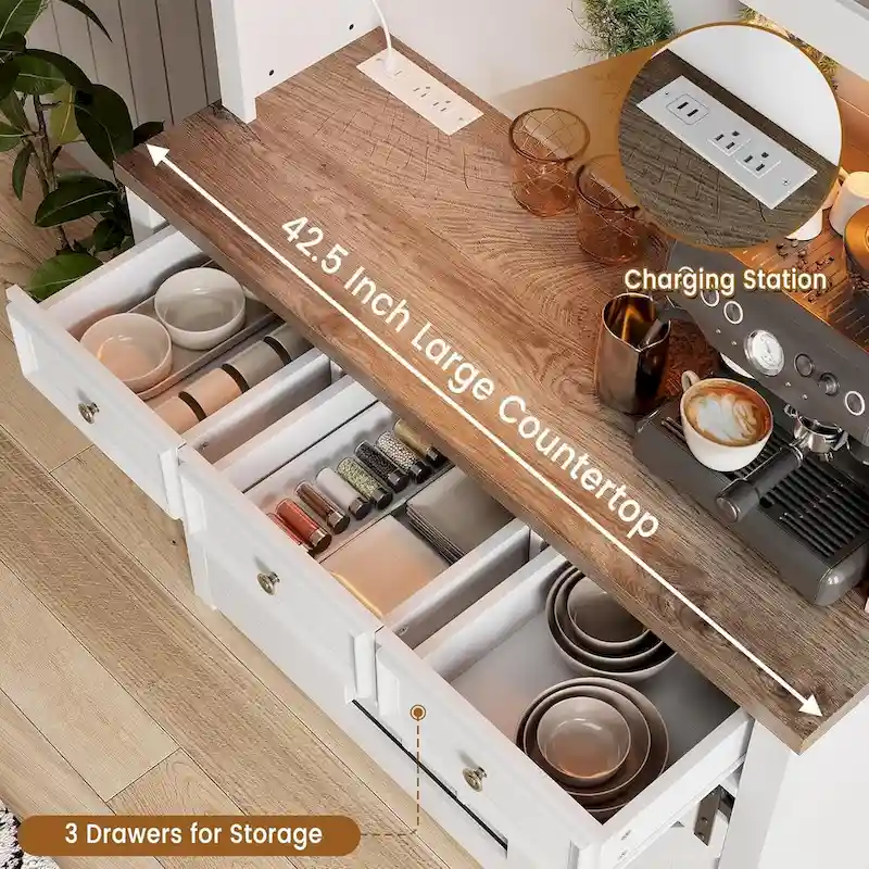 Modern Farmhouse Coffee Bar Cabinet with LED Lights & Power Outlets, Kitchen Cabinet