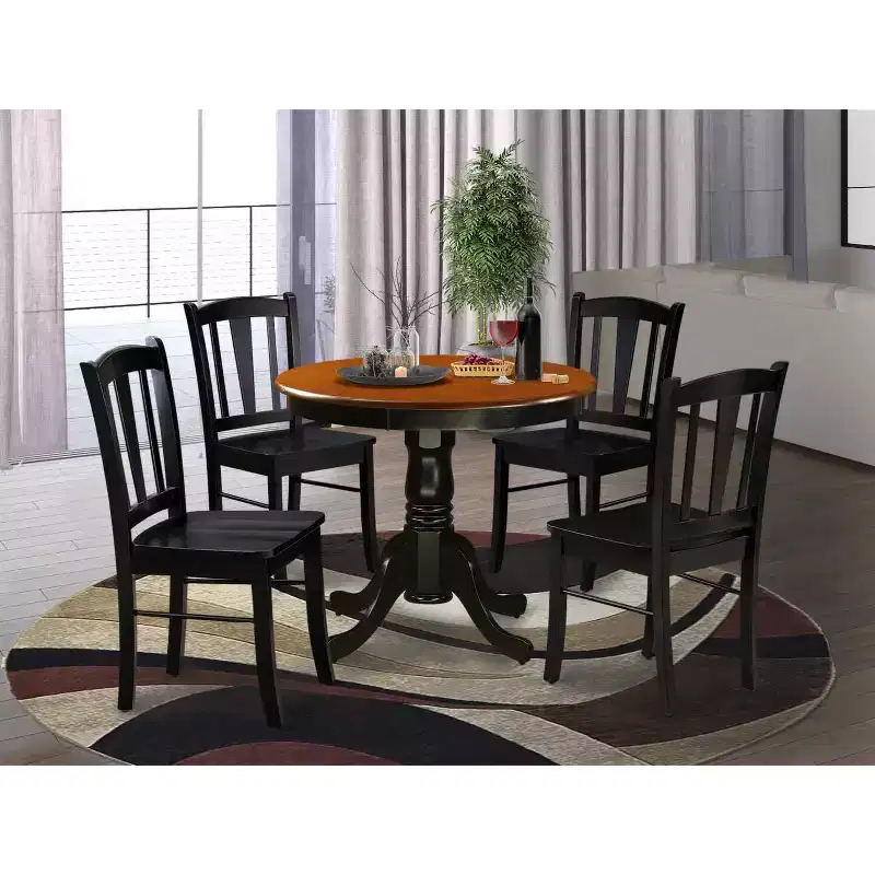 HomeStock 5-Piece Black Finish Solid Wood Top Dining table with 4 Chairs with Slat Back