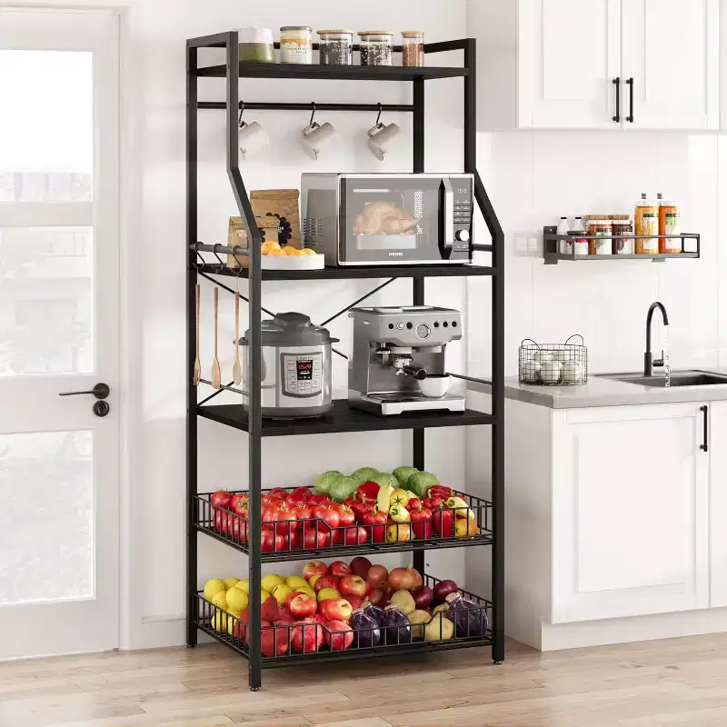 60CM Double-Frame Microwave Stand, 20 Square Pipe & PB Board, Black & Black, for Small Kitchen