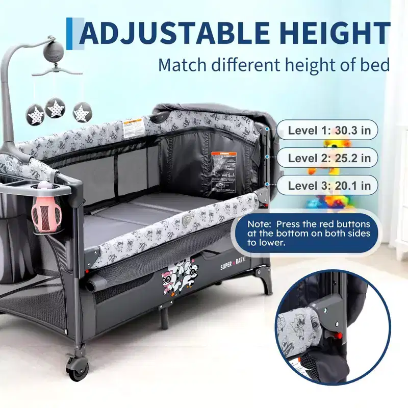 4-in-1 Baby Bassinet and Pack and Play, Bedside Crib Sleeper, Portable Playpen with Zip Door, Changing Table, Toy Bar and Storage
