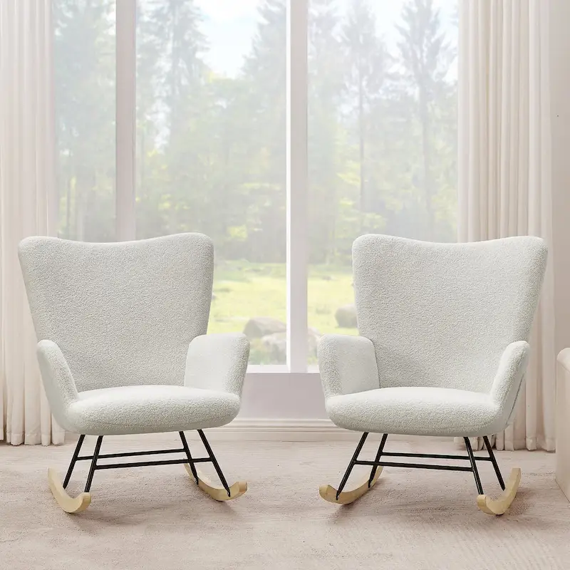 Set of 2 Upholstered Teddy Rocking Accent Chairs with Storage Pockets, Grey White Pink