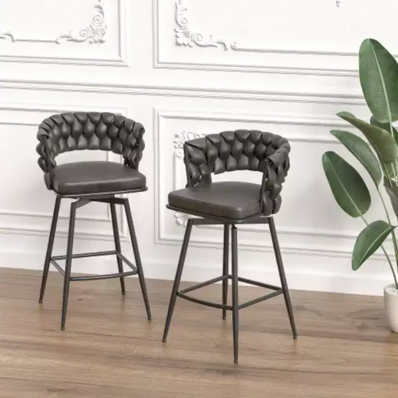 Linen Woven Swivel Bar Stools, 2 Piece Set, Kitchen Chairs with Back, Footrest, Fixed Height