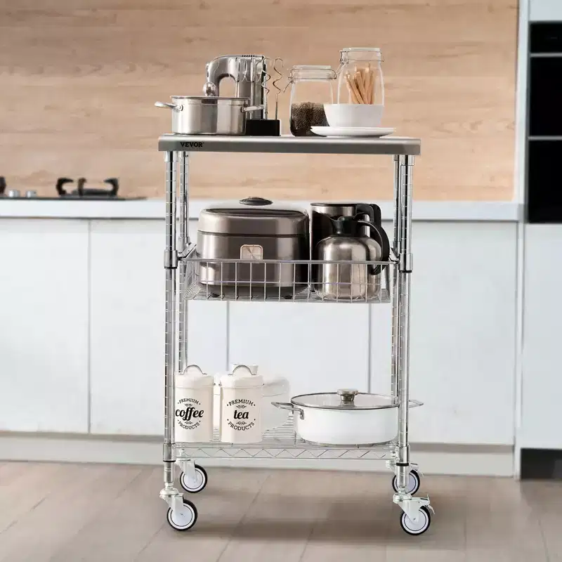 Kitchen Utility Cart, 3 Tiers, Wire Rolling Cart with 470LBS Capacity, Steel Service Cart on Wheels, Metal Storage Trolley, Silver