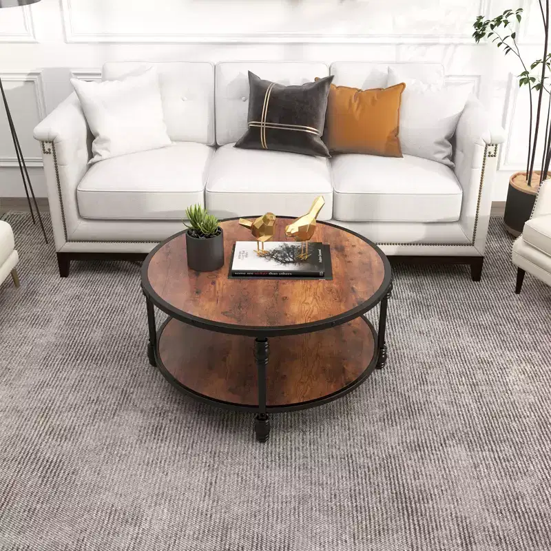 Round coffee table 77 cm  2 spacious shelves  Rustic vintage style wood and metal  Easy assembly  Ideal for living room, lounge or side table