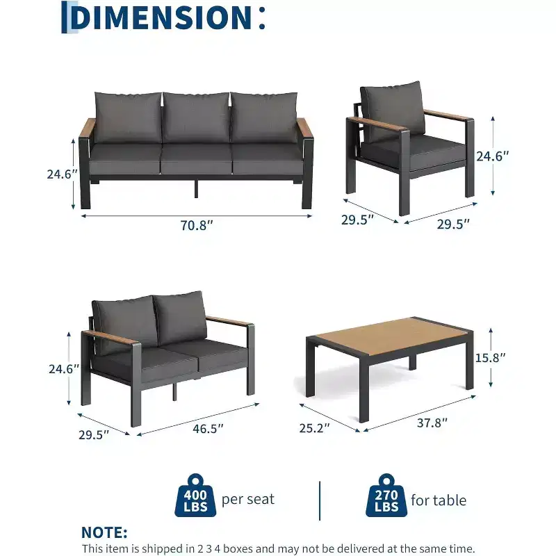 5-Piece Sectional Conversation Set, Aluminum Outdoor Patio Furniture Set, Modern Outdoor Seating, for Porch, Balcony, Deck