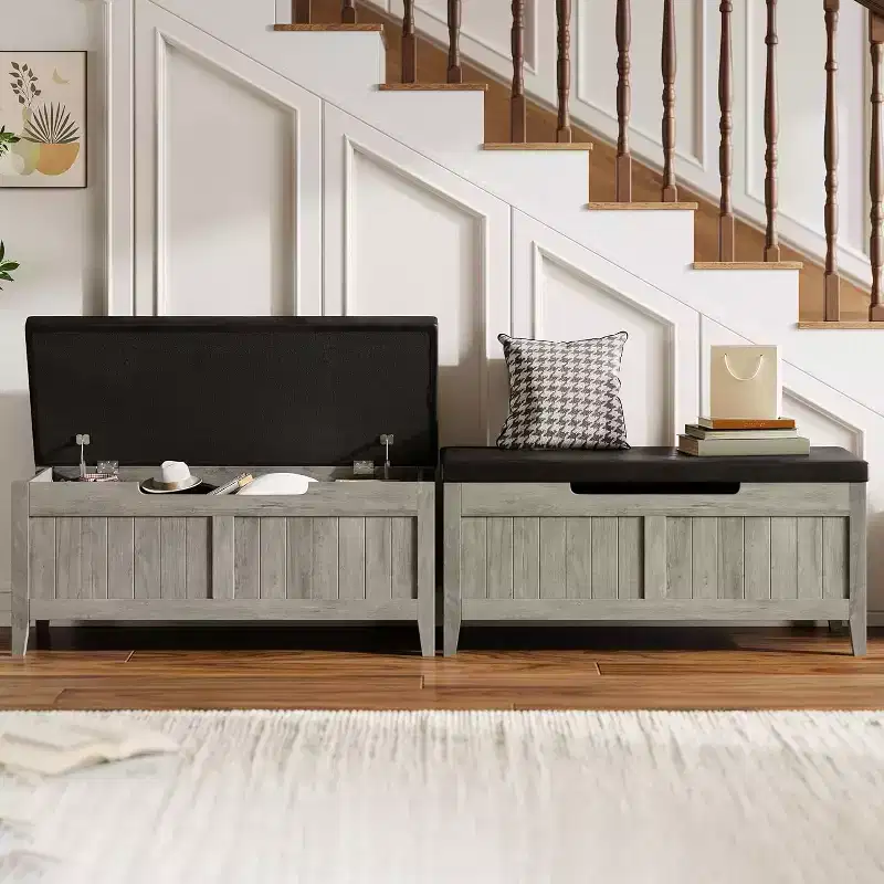 39.4 Storage Bench Rattan Entryway Bench with Seat Cushion, Storage Trunk, Shoe Bench Storage Chest for Entryway, Living Room, Bedroom