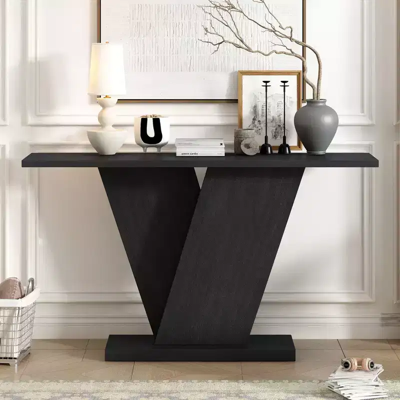 V-Base Entryway Console Table, Accent Hallway Table, Slim Sofa Table with Natural Wood Veneer, Classic Versatility