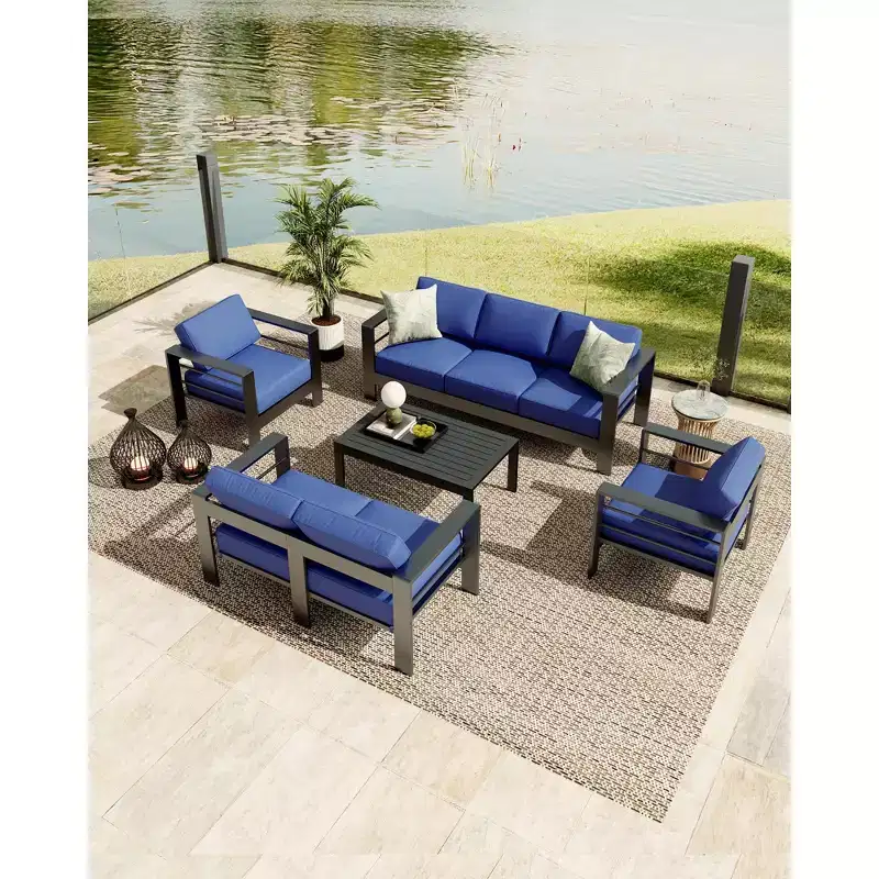 7 Seats Aluminum Patio Furniture Set, 5 Pieces Outdoor Sectional Conversation Set Sectional Sofa with 4 Armrest & 5 Thick Cushions & Coffee Table