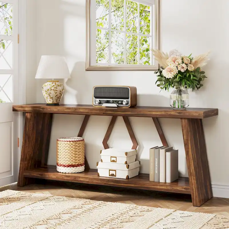 Accent Table with 2 Foldable Corn Husk Baskets – Faux Marble Top, Dark Chocolate