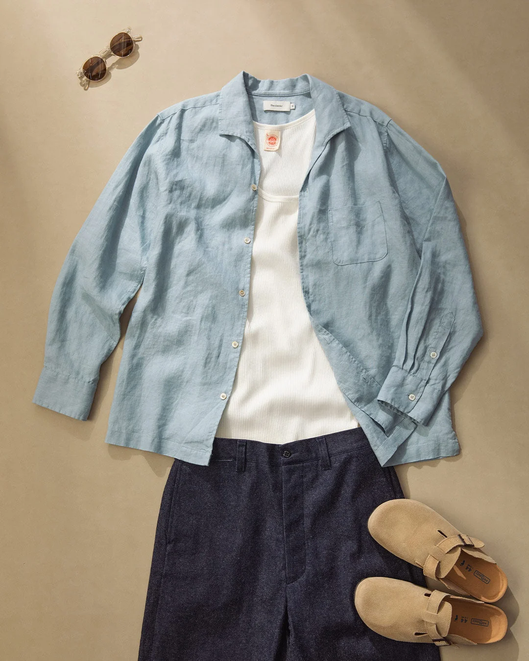 1950s Italian Collar Long Sleeve Linen Shirt - Light Blue