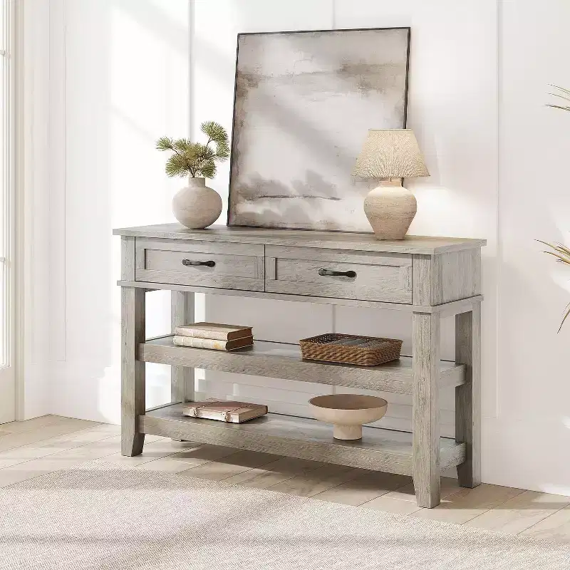 Farmhouse Console Table with 2 Drawers & 3-Tier Shelves for Entryway