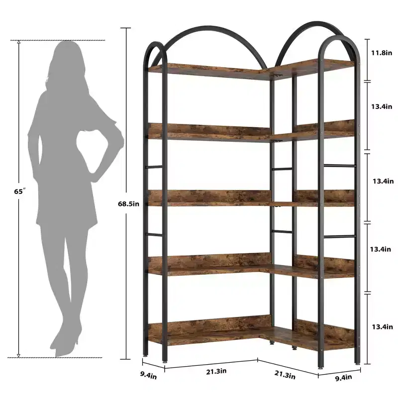 Industrial Corner Bookcase, 5-Tier L-Shaped Shelf with Metal Frame, Large Bookcase for Living Room and Bedroom
