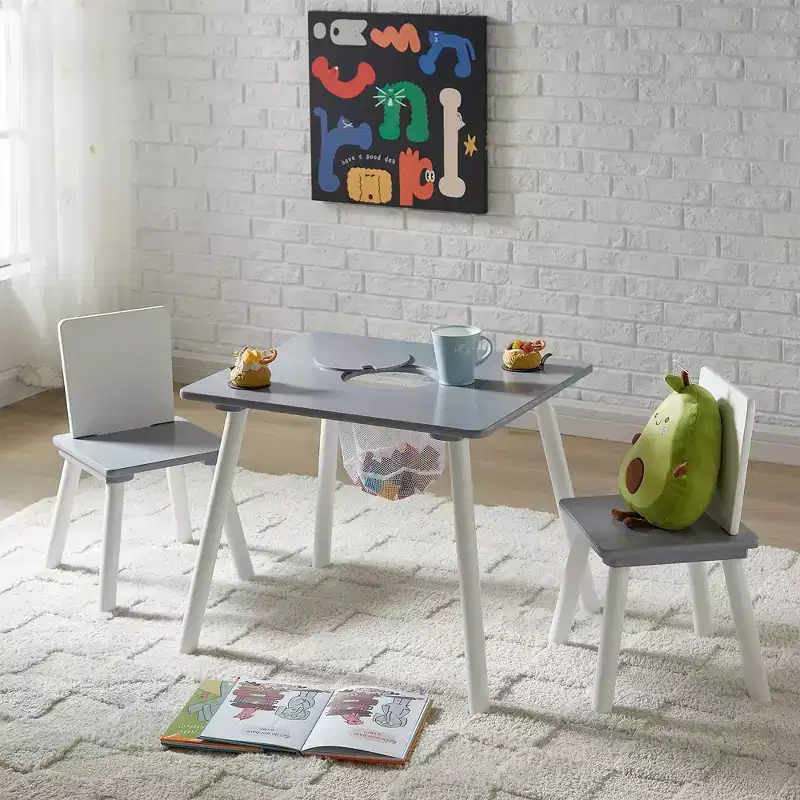 VECELO Activity Table and 2 Chair Set with Hidden Mesh Storage, Children Playroom Furniture, Easy Assembly, White & Gray