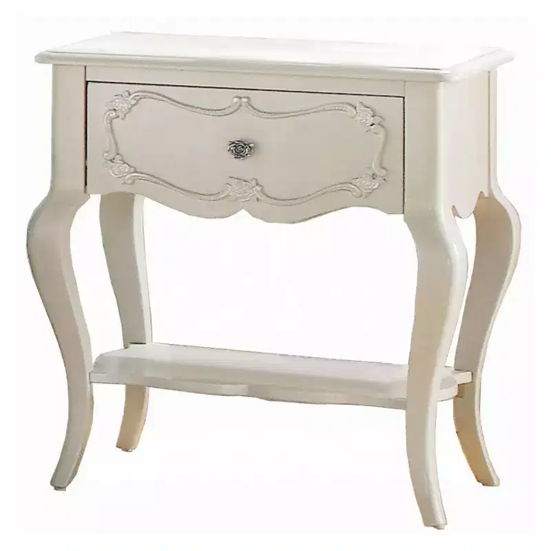 Wood Nightstand Pearl White with Carved Drawer and Lower Shelf