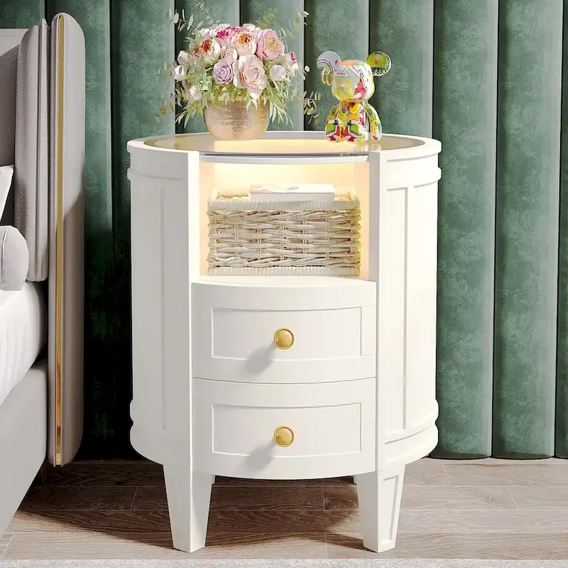 Round Nightstand with 2 Drawers, LED Light and Open Shelf – 25.5 Inch Tall
