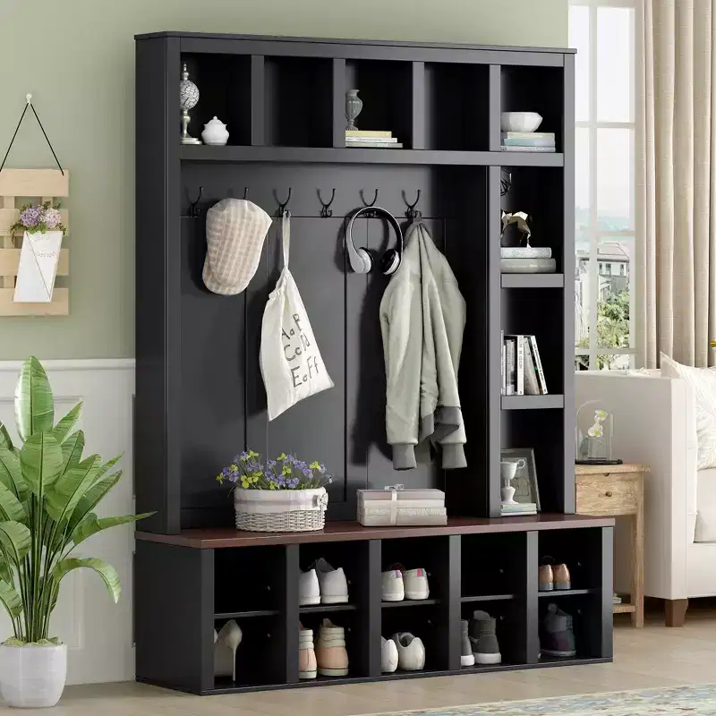 Coat Rack, Practical Walnut Storage Stool, 4-in-1 Entryway Shoe Cabinet with 13 Storage Compartments, Suitable for Foyer