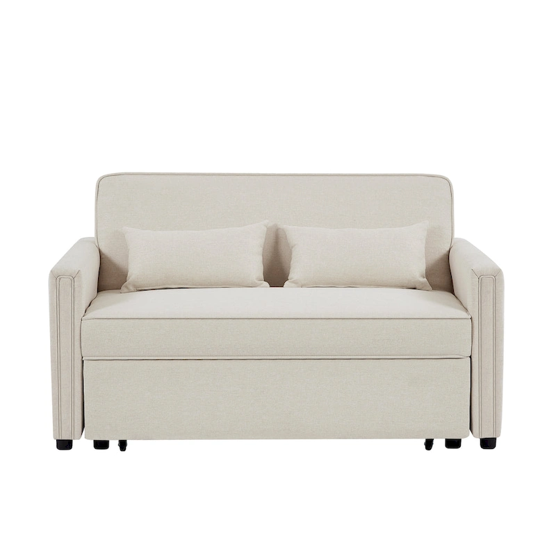 Modern Linen Convertible Loveseat Sleeper Sofa Couch with Adjustable Backrest, Pull-Out Bed and 2 Lumbar Pillows