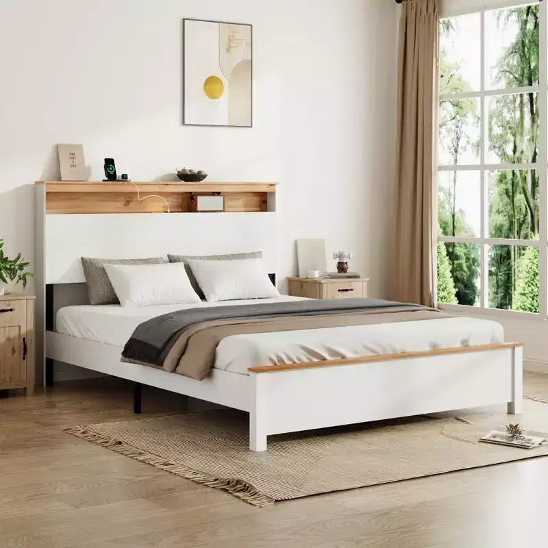 Full/Queen/King Size Platform Bed with Storage Headboard, Rustic Wood Platform Bed Frame with Charging Station, Antique White