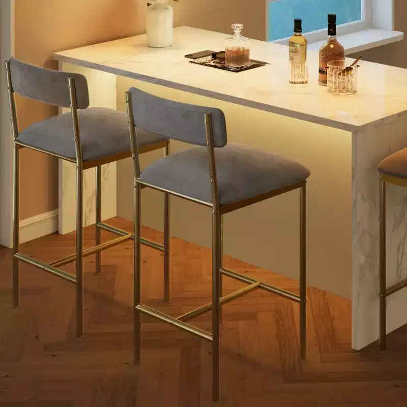 Bar Stools Set of 2, Kitchen Bar Stools with Footrest, Velvet Upholstered Counter Height Barstool, Bar Chairs for Kitchen Island, Counter, Gray-Gold